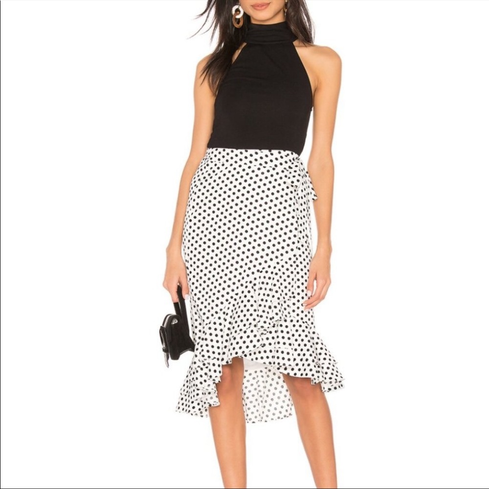 REVOLVE TULAROSA NWT Black & White Polka Dot Ruffle Flounce Midi Wrap Skirt XXS